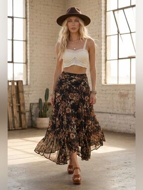 Promesa Cinched Asymmetrical Floral Print Gypsy Boho Maxi Skirt